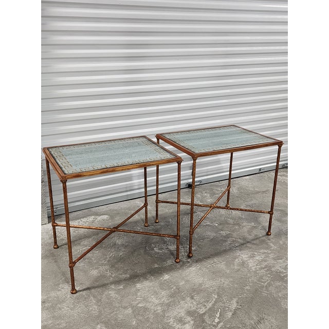 Hollywood Regency Eglomise Silver & Gold Leaf Greek Key Motif Hollywood Regency Style Gilded Wrought Iron Side Tables - A Pair For Sale - Image 3 of 15