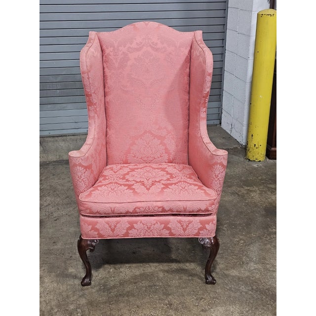 Late 20th Century Pair of Late 20th Century Southwood Mahogany Queen Anne Style Wing Chairs Silk Damask Fabric For Sale - Image 5 of 11