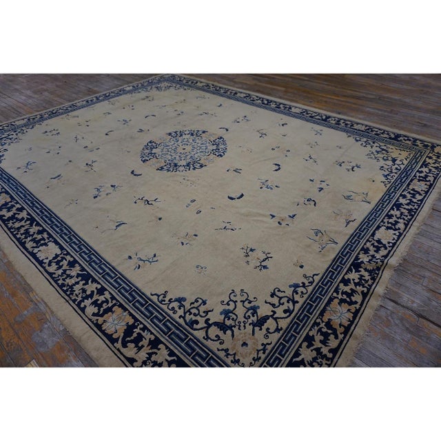 1920s 1920s Beige Field Classic Greek Key Antique Chinese Peking Room Size Knotted Rug For Sale - Image 5 of 10