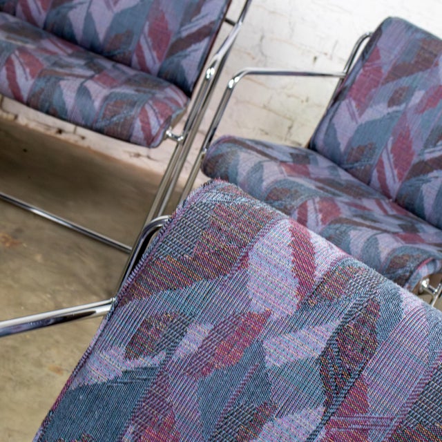 Late 20th Century Modern Krueger Set 8 Dining Armchairs Chrome Steel Rod Frames & Geometric Fabric For Sale - Image 15 of 18