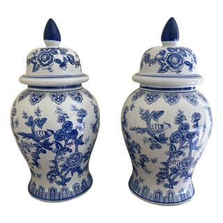 Chinoiserie Large Blue and White Porcelain Ginger Jars, Pair For Sale