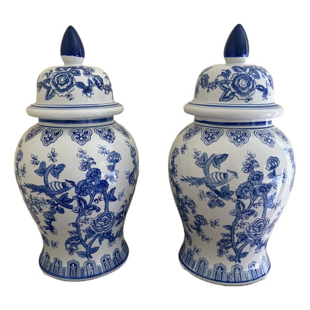 Chinoiserie Large Blue and White Porcelain Ginger Jars, Pair For Sale