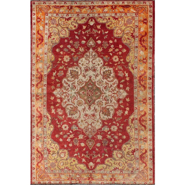 Red Early 20th Century Antique Turkish Oushak Rug With Floral Medallion and Cornices For Sale - Image 8 of 8