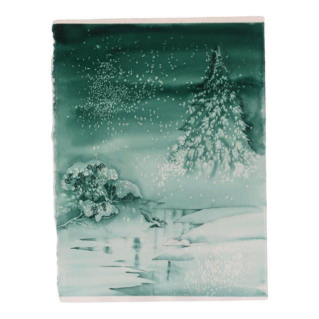 Late 20th Century Original Monochromatic Winter Scene Watercolor Painting on Paper by Artist Ellen Shannon of Snowy Pine & Frozen Stream For Sale