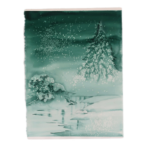 Late 20th Century Original Monochromatic Winter Scene Watercolor Painting on Paper by Artist Ellen Shannon of Snowy Pine & Frozen Stream