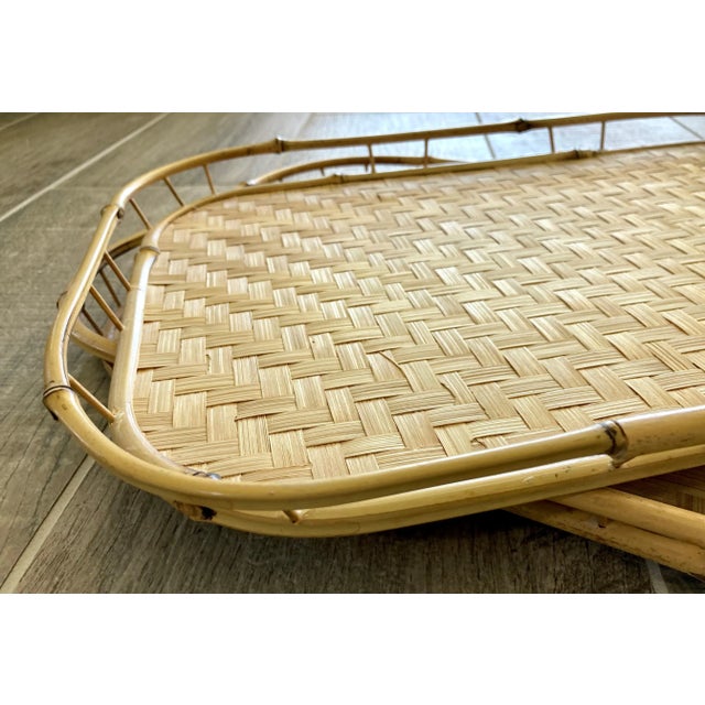 Camel Circa 1970 Rattan & Bamboo Wooden Bottom Tiki Trays – a Pair For Sale - Image 8 of 13