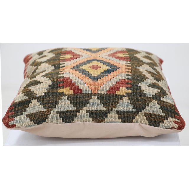 Tribal Arteverk Handwoven Afghan Kilim Pillow — Beige & Green Diamonds For Sale - Image 3 of 3