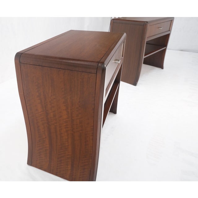 Brown Pair Century Walnut Waterfall Brand New Old Stock Two Tier End Side Tables Stand For Sale - Image 8 of 17