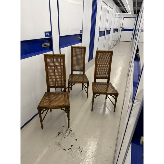 Hollywood Regency Faux Bamboo Cane Dining Chairs, 1970s, Set of 3 For Sale - Image 4 of 9