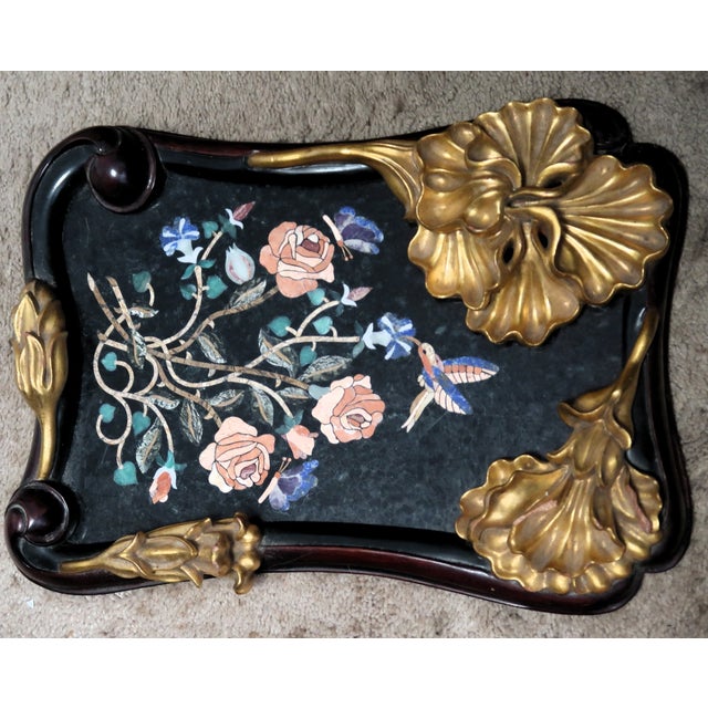Exquisite Pietra Dura (Pietra Dure) Rendition of Flowers, Birds, Butterflies, Framed With Lovely Shaped Wood Frame With Molded Flowers, by N. Luedtke For Sale - Image 4 of 15