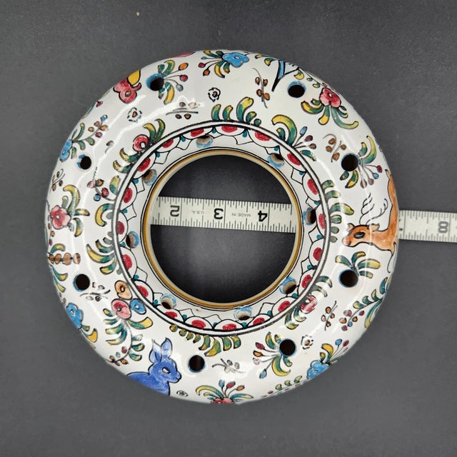 Mid-Century Modern Vintage Portuguese Hand Painted Ceramic Circular Flower Frog Vase For Sale - Image 3 of 6