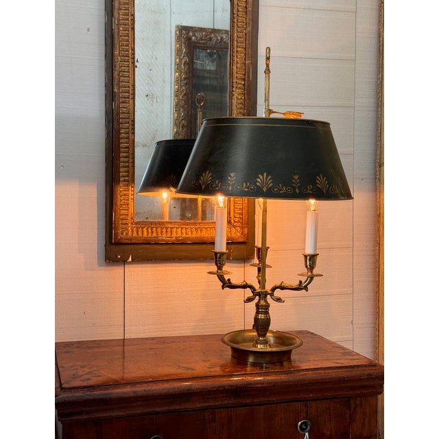 Late 20th Century French Tole Bouillotte Lamp With Green Shade and Dolphin Arms For Sale - Image 9 of 10