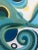 Striking abstract with curlicues and circles having a fresh color palette of blues, green, white and light yellow. Titled...