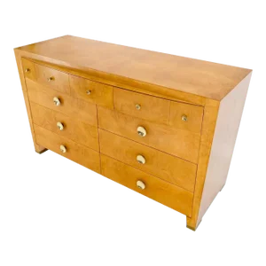 9 Drawers Art Deco Mid-Century Modern Burl Wood Bow Front Dresser Brass Pulls