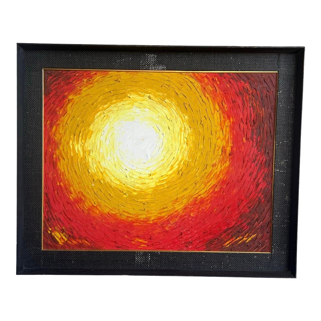 1970s Vintage Mid Century Modern Canvas Sun Sunshine Pallet Knife Oil Canvas Painting Wall Art, Framed For Sale