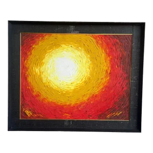 1970s Vintage Mid Century Modern Canvas Sun Sunshine Pallet Knife Oil Canvas Painting Wall Art, Framed