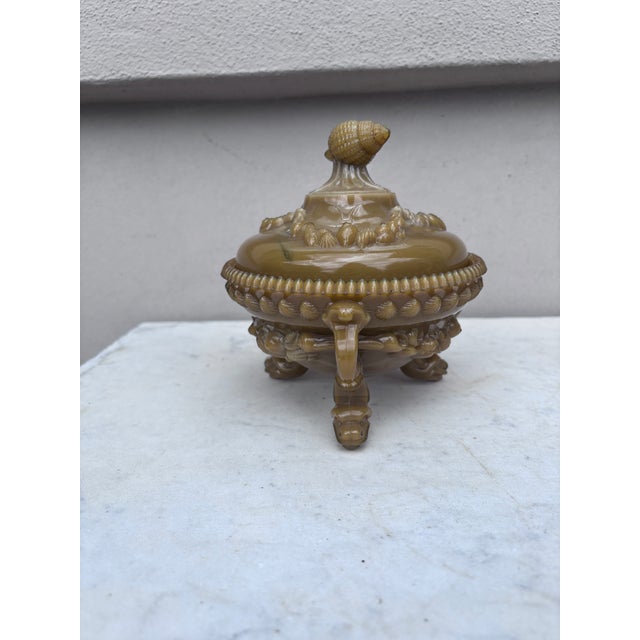 French Milk Glass Candy Jar Circa 1930. Shell handle and dolphins feets.