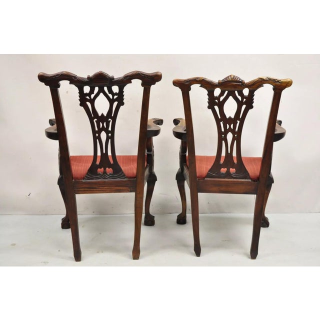 Late 20th Century Chippendale Style Mahogany Carved Ball and Claw Dining Arm Chairs - A Pair For Sale - Image 10 of 12