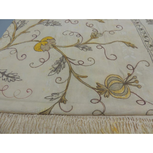 Large Antique Art Nouveau Floral Embroidered Silk Cloth with Fringes. Depicting flowers and fruits. Embroidery with gold...