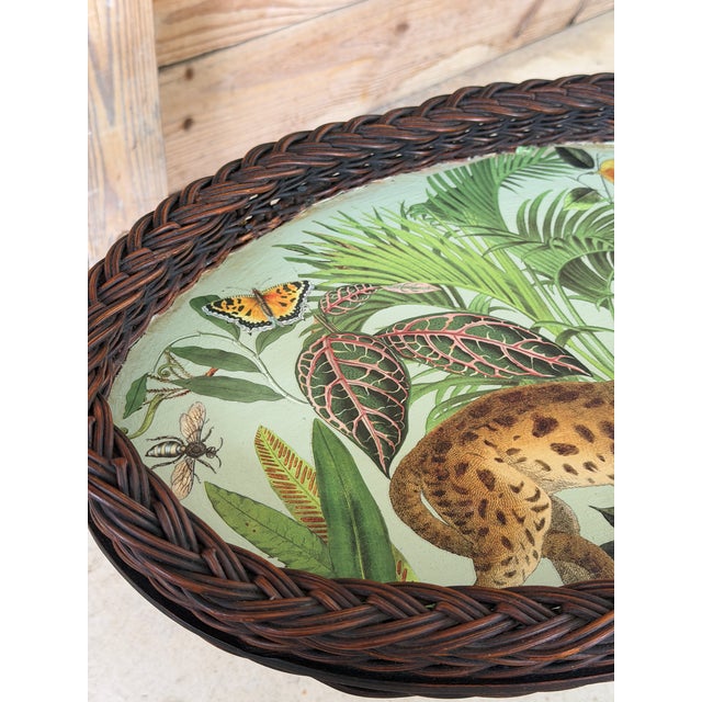 1970s Vintage Hand Painted & Decoupaged Rattan Leopard Oval Serving Tray For Sale - Image 5 of 11