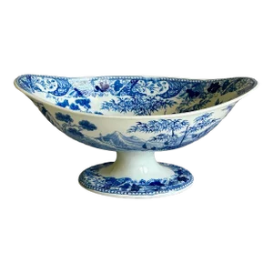 Antique Wedgwood Pearlware Pedestal Fruit Stand Blue Palisade Pattern, Early 19th Century