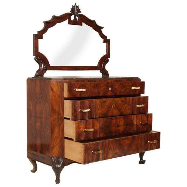 Art Nouveau Carved Burl Walnut Dresser with Mirror from Testolini e Salviati, in Very Good conditions. Designed 1890 to...