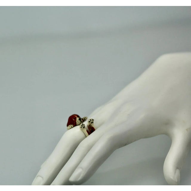 This is part of Chairish’s Costume Jewelry assortment. Enamel on Silver Ceramic Beagle Dog ring This humorous dog ring is...