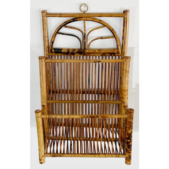 Chinoiserie Vintage Scorched Bamboo Hanging Magazine Rack For Sale - Image 3 of 7