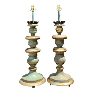 Vintage Italian Gilt Tipped Turned Wood Lamps - Pair For Sale