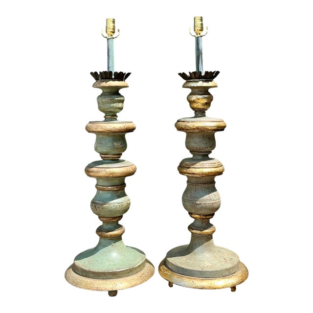 Vintage Italian Gilt Tipped Turned Wood Lamps - Pair For Sale