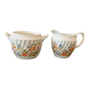 Late 19th Century Aynsley Cottage Garden Swirl Fine Bone China Cream and Sugar Set, Made in England- Set of 2