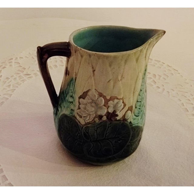 Mid-Century Modern Antique Majolica Creamer, Earthtones With Green Leaves, Flowers and Fern. For Sale - Image 3 of 10