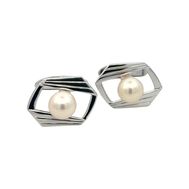 1990s Mikimoto Estate Akoya Pearl Cufflinks Silver 7.50 mm, 2 pieces For Sale In New York - Image 6 of 12