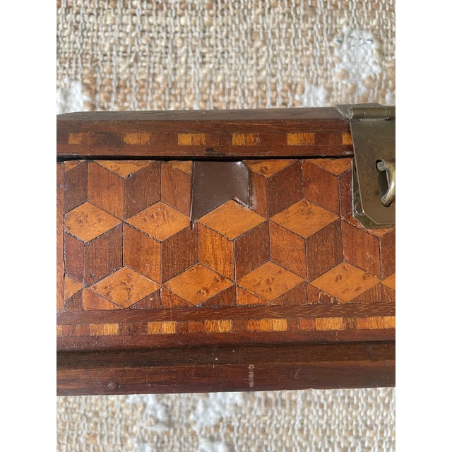 Antique Rectangle Intricate Parquetry Wooden Jewelry Desk Dresser Box For Sale - Image 4 of 11