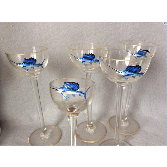 Early 20th Century Antique Enameled Cordial Glasses With Swordfish Motif For Sale - Image 5 of 6