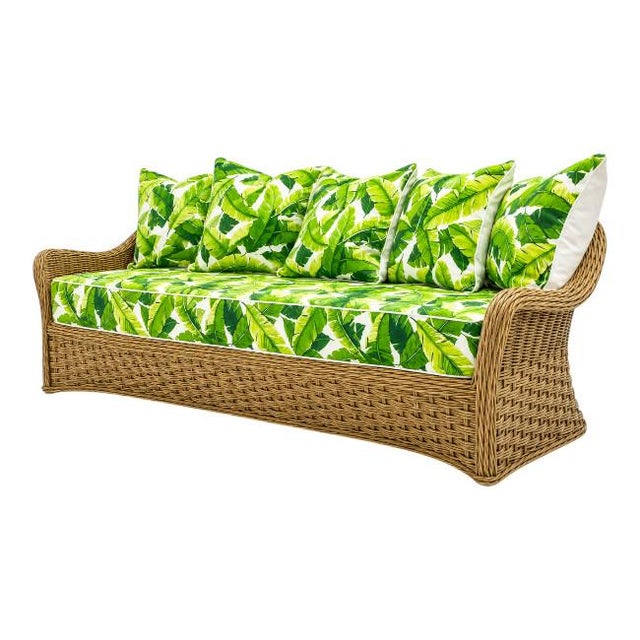 Vintage Basket Wave Sofa With Custom Banana Leaf Cushions For Sale In West Palm - Image 6 of 7