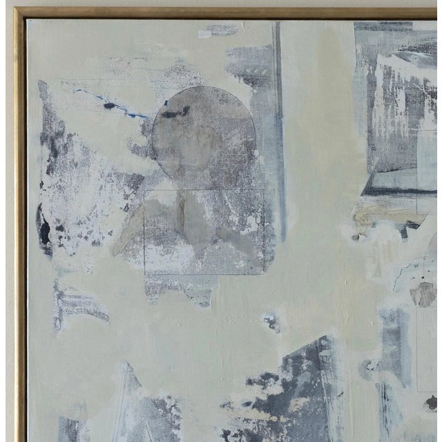 This is a large-scale, serene acrylic on canvas with layers of shades of gray, cream, light tan, touches of cyan blue, and...