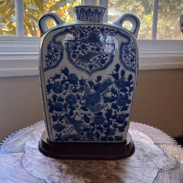 Blue Mid 20th Century Large 10.5" Chinese Blue & White Moon Flask Vase & Stand - Phoenix & Peony Decor For Sale - Image 8 of 11
