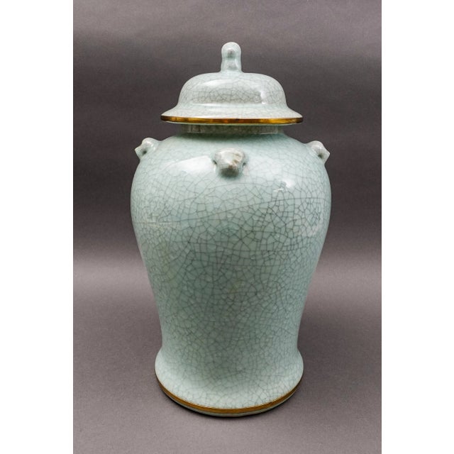 Mid 20th Century Mid 20th Century Maitland Smith Celadon Crackle Glazed Porcelain Foo Dogs Large Lidded Ginger Jar For Sale - Image 5 of 10