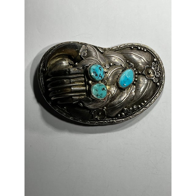 Vintage Native American sterling silver and turquoise claw belt buckle Fantastic leaf and wire work An extremely large and...