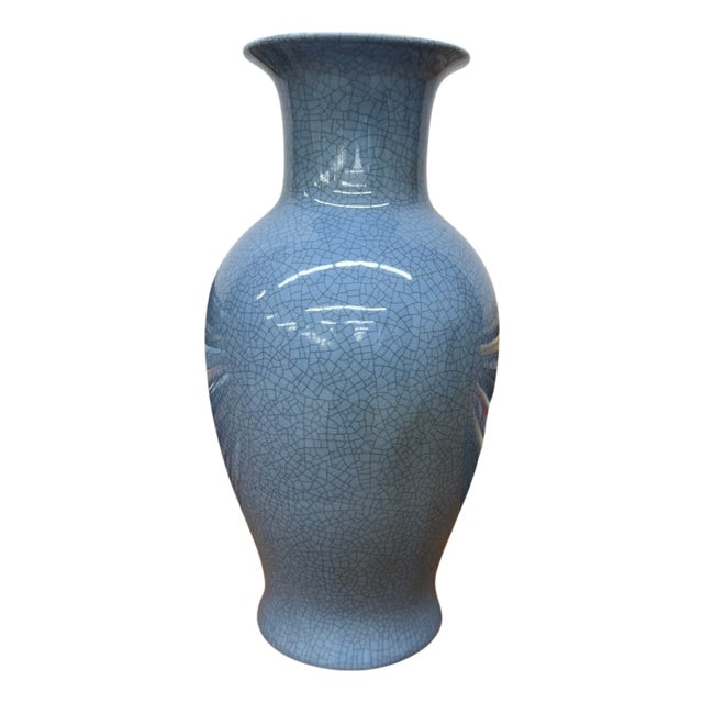 Elegant Blue Ceramic Vase with Intricate Crackle Design For Sale