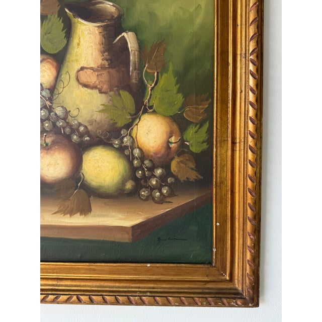 Green 1980’s Vintage Still Life Fruits & Candle Impressionist Oil Painting on Canvas – Framed For Sale - Image 8 of 11