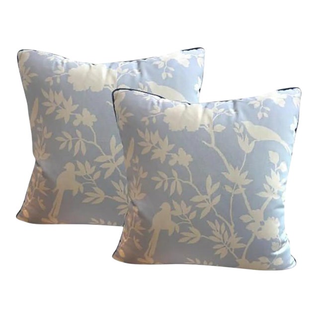 Pair of Pale Blue & Ivory Chinoiserie Bird 20'' Pillows For Sale