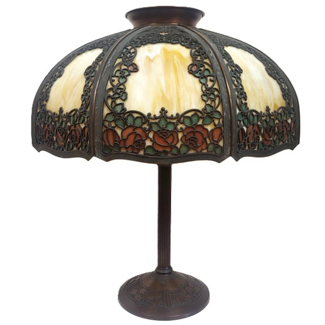 Antique Bronze Rose Overlay & Stained Slag Glass Table Lamp #559 by Handel For Sale - Image 4 of 18