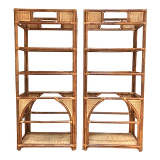 1970s Pair of Vintage Bamboo Rattan and Glass Etageres Wall Unit or Book Shelf Display For Sale