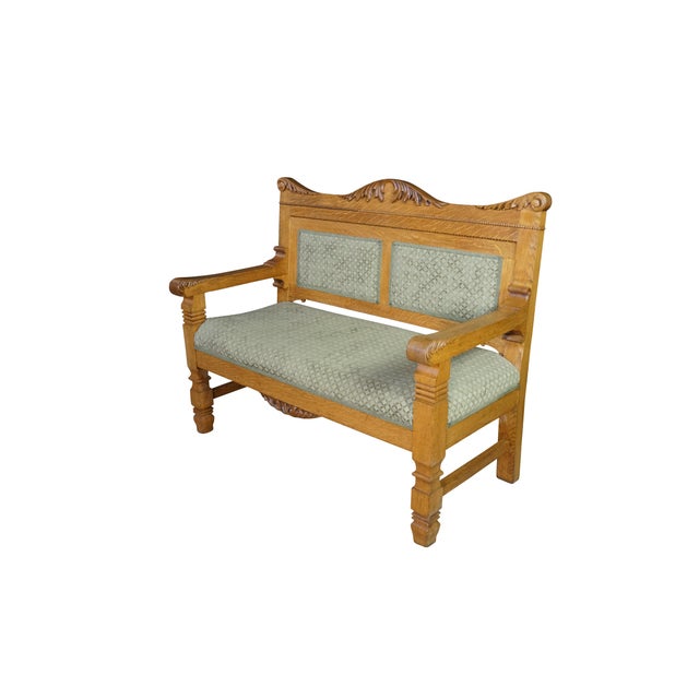 Victorian Antique Victorian American Empire Quartersawn Oak Carved Settee Bench Loveseat For Sale - Image 3 of 18