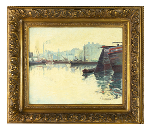 Charles André Igounet De Villers, French Impressionist Pier Scene, 20th Century, Oil on Canvas, Framed