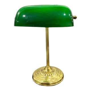 Vintage Underwriters Laboratory Green Glass Shade Bankers Brass Lamp For Sale