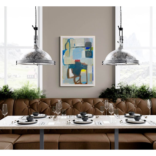 This abstract expressionist composition features bold brushstrokes of cool and warm shades of blue with accents in green,...