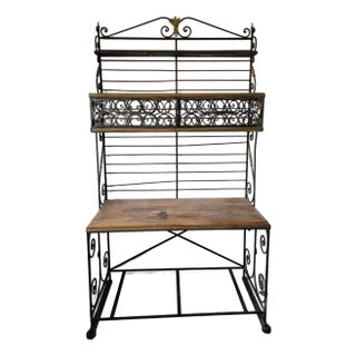 7.5 Feet Tall Wrought Iron Wine Baker’s Rack With Butcher Block Shelf by French Perfit Fils Ltd. For Sale